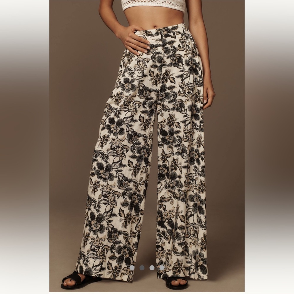 NWT Ollari Linen Floral Wide Leg Trousers Size Large